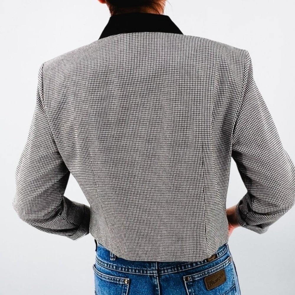 Sheri Martin Vintage Houndstooth Cropped Blazer Velvet Collar Black White 14P - Picture 2 of 8
